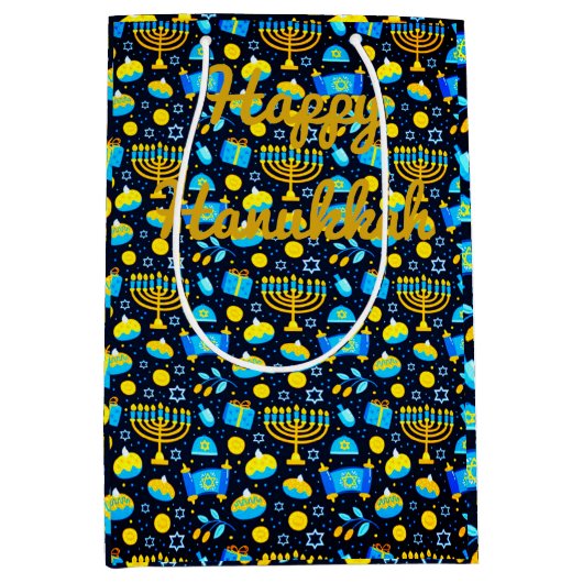 Personaliseer HANUKKAH Blue Gold Gift Bag Medium Cadeauzakje (Voorkant)