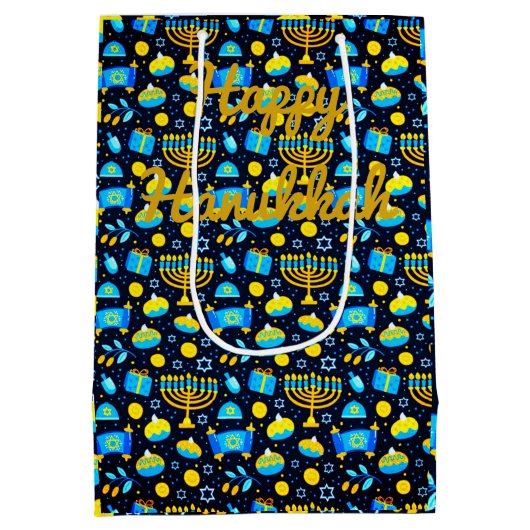 Personaliseer HANUKKAH Blue Gold Gift Bag Medium Cadeauzakje (Achterkant)