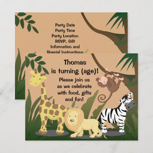 Personaliseer Happy Oerwoud Verjaardagsfeestuitnod Kaart (Voorkant / Achterkant)