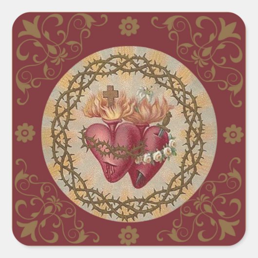 Personaliseer Harten van Jezus & Maria Rozen Doorn Vierkante Sticker (Voorkant)
