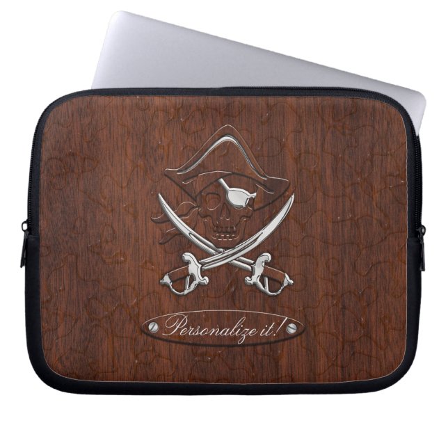 Personaliseer het! Nautical Mahogany Pirate Skull Laptop Sleeve (Voorkant)