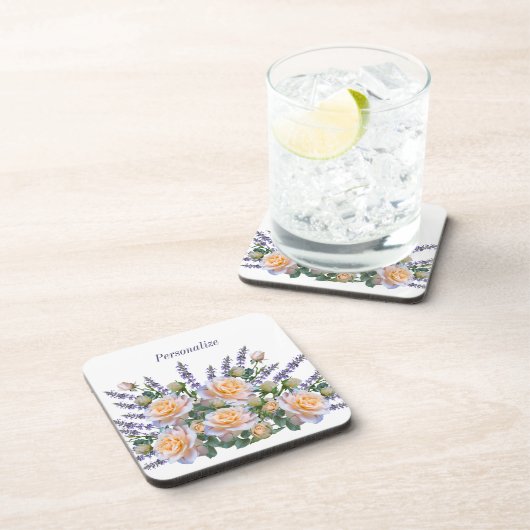 Personaliseer het Romantic Peach Roos Lavender Bou Bier Onderzetter (Rechterzijde)