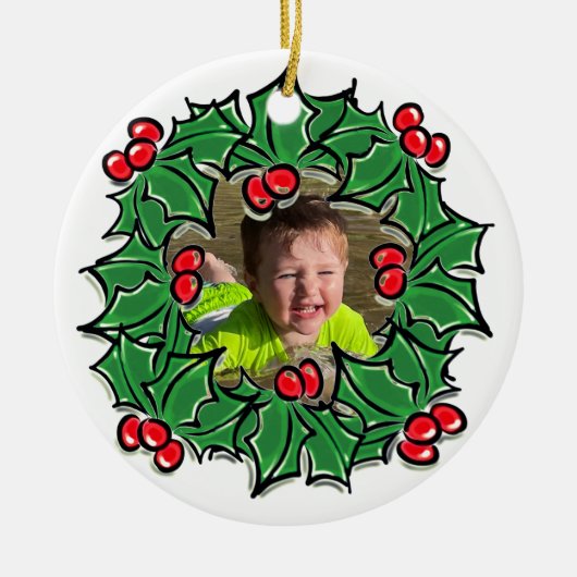Personaliseer Holly Leaves bessen Kerstkrans Keramisch Ornament (Voorkant)