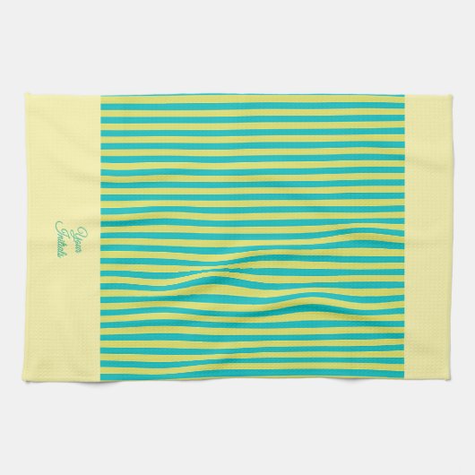 Personaliseer huwelijkscadeau geel gestreept geel theedoek (Horizontaal)