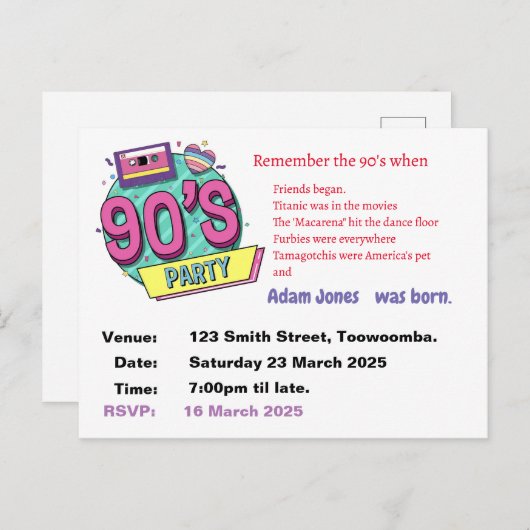 Personaliseer jaren '90 retro party uitnodiging briefkaart (Voorkant / Achterkant)