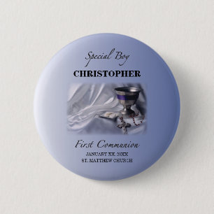Personaliseer, Jongen, Eerste Communie Blauw Ronde Button 5,7 Cm