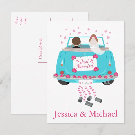 Personaliseer Just Married Blue bruiloft aankondig Aankondigingskaart (Voorkant / Achterkant)