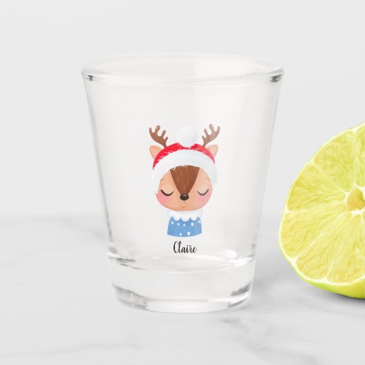 Personaliseer Kerstmis Slapen Rendier Gezicht Shot Glas (Voorkant)