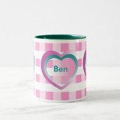 Personaliseer Kinder namen Roze Gingham Mok harten (Center)