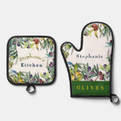 Personaliseer kleurrijke olijven die aan wijnstokk ovenwant & pannenlap set (Voorkant)