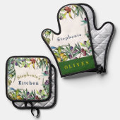 Personaliseer kleurrijke olijven die aan wijnstokk ovenwant & pannenlap set (Voorkant / Achterkant)