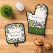 Personaliseer kleurrijke olijven die aan wijnstokk ovenwant & pannenlap set (Top down)