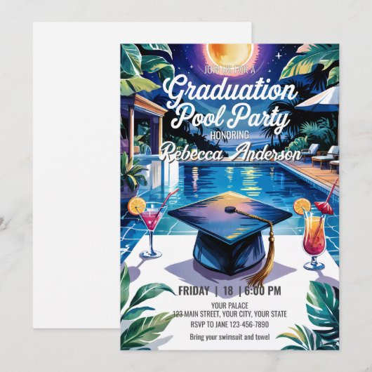 Personaliseer Levendige Cocktail Pool Graduation P Kaart (Voorkant / Achterkant)