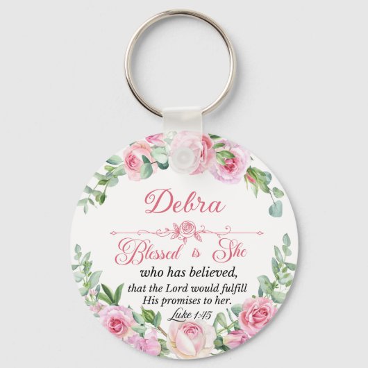 Personaliseer Luke 1:45 Moederdag Roze Roos Sleutelhanger (Voorkant)
