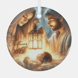 Personaliseer Mary & Joseph die over Baby Jezus wa Glas Ornament