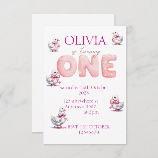 Personaliseer Meisjes 1e Verjaardag Gans Bewaar de Save The Date (Voorkant / Achterkant)