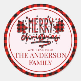 Personaliseer Merry Christmas buffalo rode plaid Ronde Sticker
