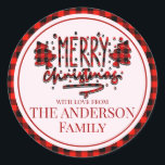 Personaliseer Merry Christmas buffalo rode plaid Ronde Sticker<br><div class="desc">Aangepaste Merry kerst buffel rood zwart plaid classic ronde stickers. Personaliseer deze prachtige minimalistische sticker met uw eigen naam. Thema- minimalistisch,  rustiek,  eenvoudig,  modern,  kerstboom,  buffelrood zwarte plaid grens. Geschikt voor ronde en vierkante sticker. Creëer door Artfulz!</div>