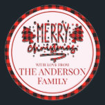 Personaliseer Merry Christmas buffalo rode plaid Ronde Sticker<br><div class="desc">Aangepaste Merry kerst buffel rood zwart plaid classic ronde stickers. Personaliseer deze prachtige minimalistische sticker met uw eigen naam. Thema- minimalistisch,  rustiek,  eenvoudig,  modern,  kerstboom,  buffelrood zwarte plaid grens. Geschikt voor ronde en vierkante sticker. Creëer door Artfulz!</div>