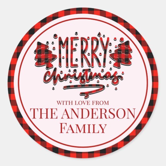 Personaliseer Merry Christmas buffalo rode plaid Ronde Sticker (Voorkant)