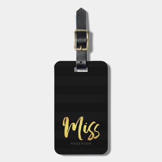 Personaliseer met Naam Faux Gold Miss Black Stripe Bagagelabel (Voorkant verticaal)