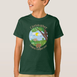 Personaliseer met naam kleurrijke kinder camping t-shirt