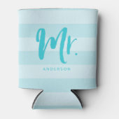 Personaliseer met Naam Preppy Mr Blue Stripes Blikjeskoeler (Voorkant)