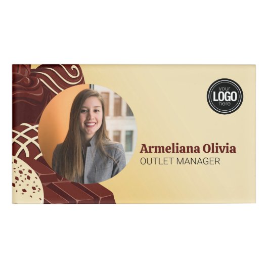 Personaliseer moderne chocolade zakelijke badge (Voorkant)