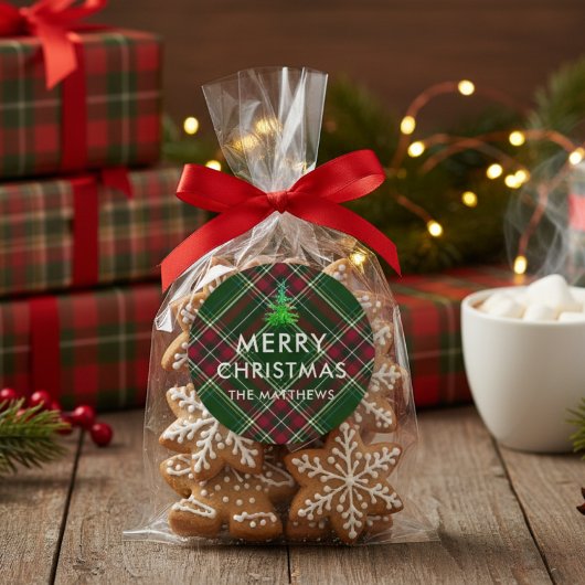Personaliseer Moderne Plaid Kerstboom Naam Ronde Sticker