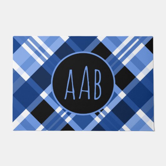 Personaliseer Monogram Blue Plaid Classic Welkom Deurmat (Voorkant)