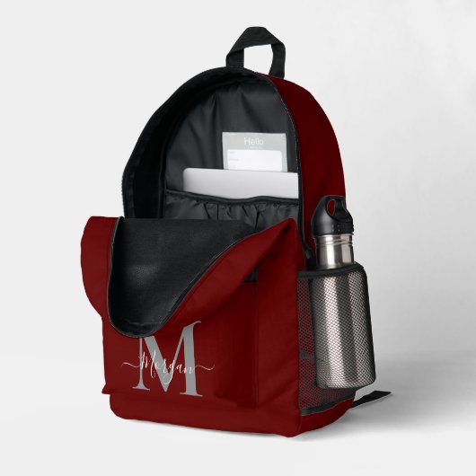 Personaliseer Monogram Initiaal Naam Donkerrood Bedrukte Rugzak (Achterkan Hoek Rechts (Open))