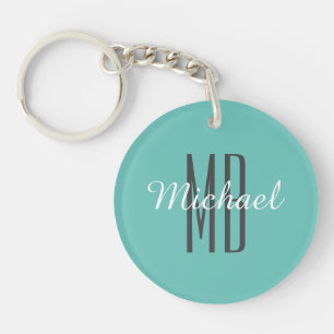 Personaliseer monogram naam Wh/BK, licht Blauwgroe Sleutelhanger