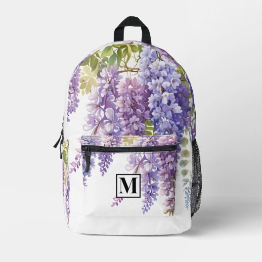 Personaliseer monogram paarse waterverf wisteria bedrukte rugzak (Voorkant)