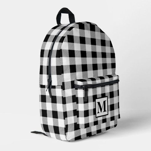 Personaliseer monogram zwart wit gingham bedrukte rugzak (Achterkant Hoek Links)