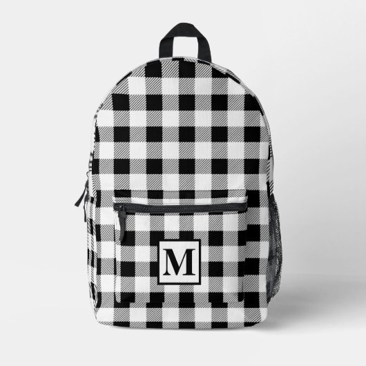 Personaliseer monogram zwart wit gingham bedrukte rugzak (Voorkant)