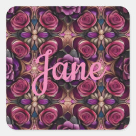 Personaliseer Naam AI Art Paarse Rood & Roze Rozen Vierkante Sticker