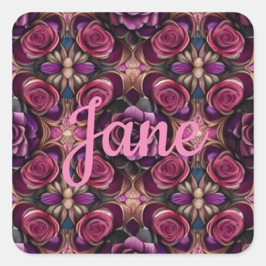 Personaliseer Naam AI Art Paarse Rood & Roze Rozen Vierkante Sticker (Voorkant)