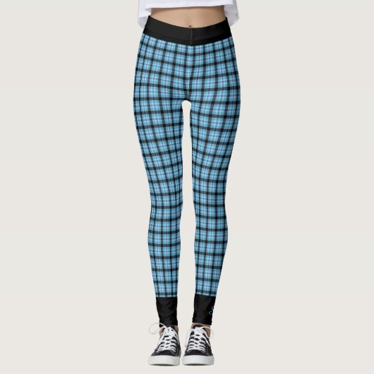 Personaliseer Naam Blauw Zwart Plaid, Zwarte Trim Leggings (Voorkant)