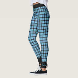 Personaliseer Naam Blauw Zwart Plaid, Zwarte Trim Leggings