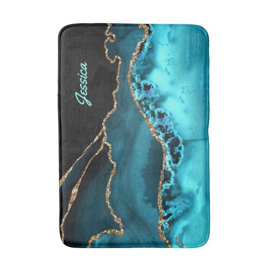 Personaliseer Naam Blauwgroen Script op Black/Blau Badmat (Voorkant Verticaal)