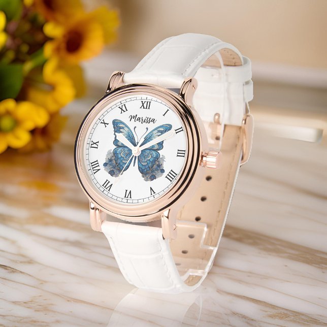 Personaliseer Naam Elegant Blauwe Vlinder Vrouwen Horloge (Womens' watch feature an adorable blue tones butterfly illustration, with space to add name)