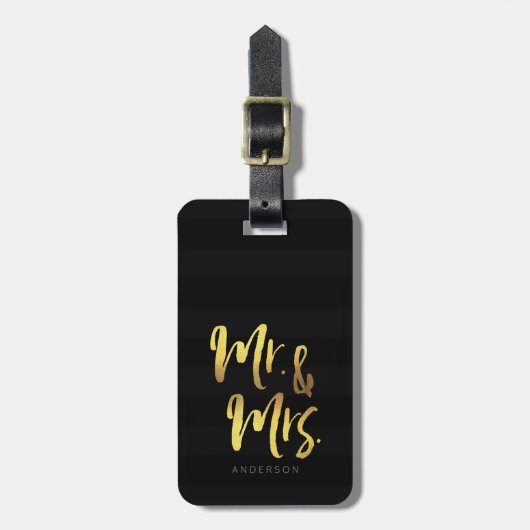 Personaliseer naam Elegant Mr & Mrs Black Stripes Bagagelabel (Voorkant verticaal)