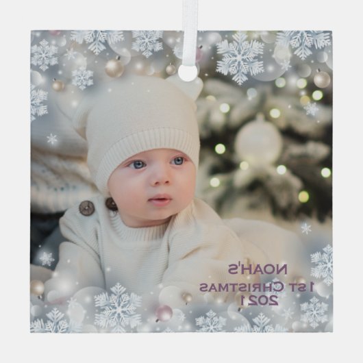 Personaliseer Naam & Foto Eerste Kerst van de Baby Glas Ornament (Achterkant)