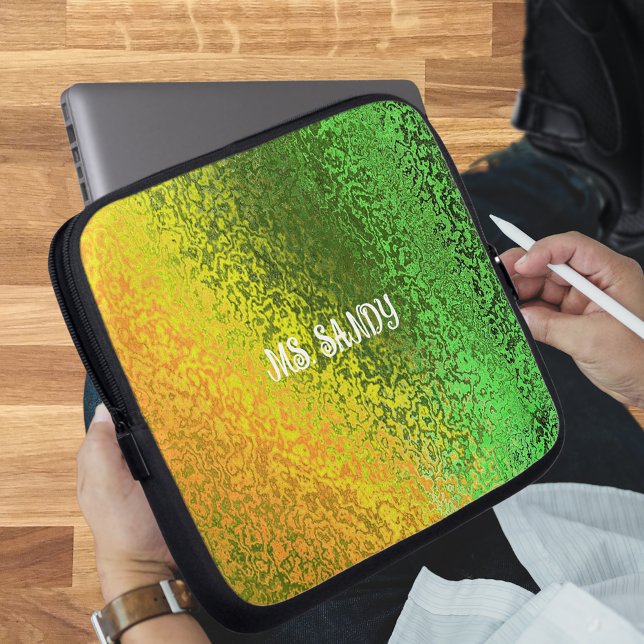 Personaliseer Naam Glanzende tinten van Groen & Ge Laptop Sleeve (Personalize Name Shiny Shades of Green & Yellow Laptop Sleeve)