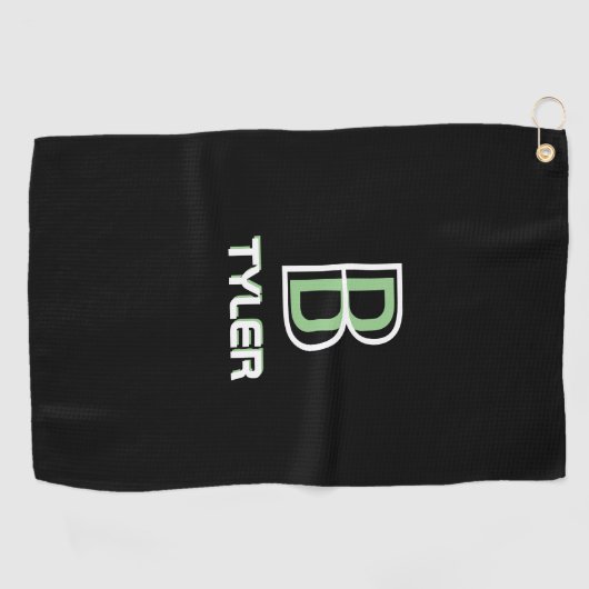 Personaliseer Naam & Initiaal Wit & Sage, Zwart Golfhanddoek (Horizontaal)