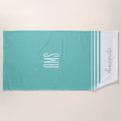 Personaliseer naam & initialen, turquoise en wit strandlaken (Voorkant)
