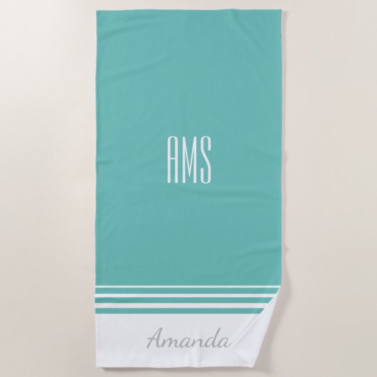 Personaliseer naam & initialen, turquoise en wit strandlaken (Voorkant)