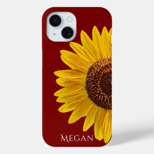 Personaliseer Naam Kastanjebruin Rood Geel Zonnebl iPhone 15 Case