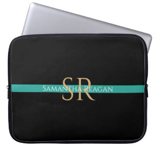 Personaliseer naam & monogram goud/wit teal streep laptop sleeve