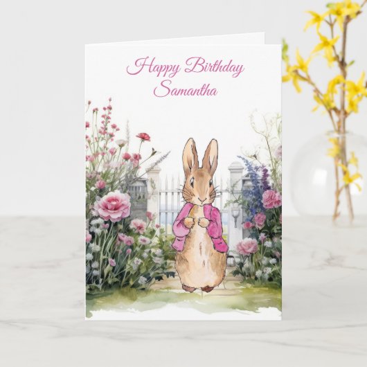 Personaliseer naam Peter de Konijn Roze Jas  Kaart (Gele Bloem)